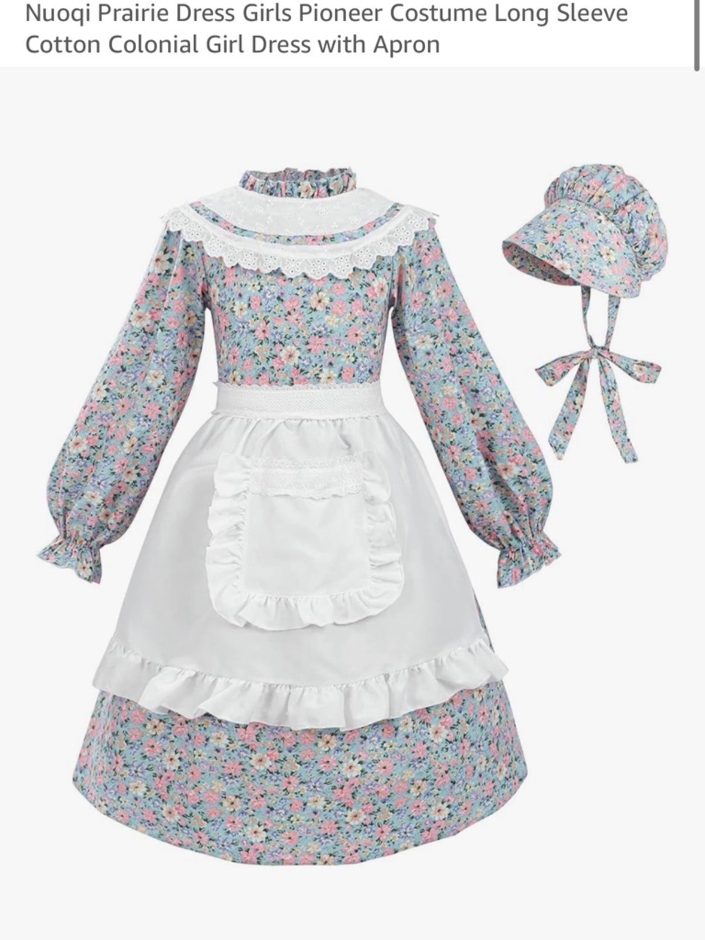 Girls Prairie Colonial Dress White Ruffled Apron with Floral Bonnet Cosplay